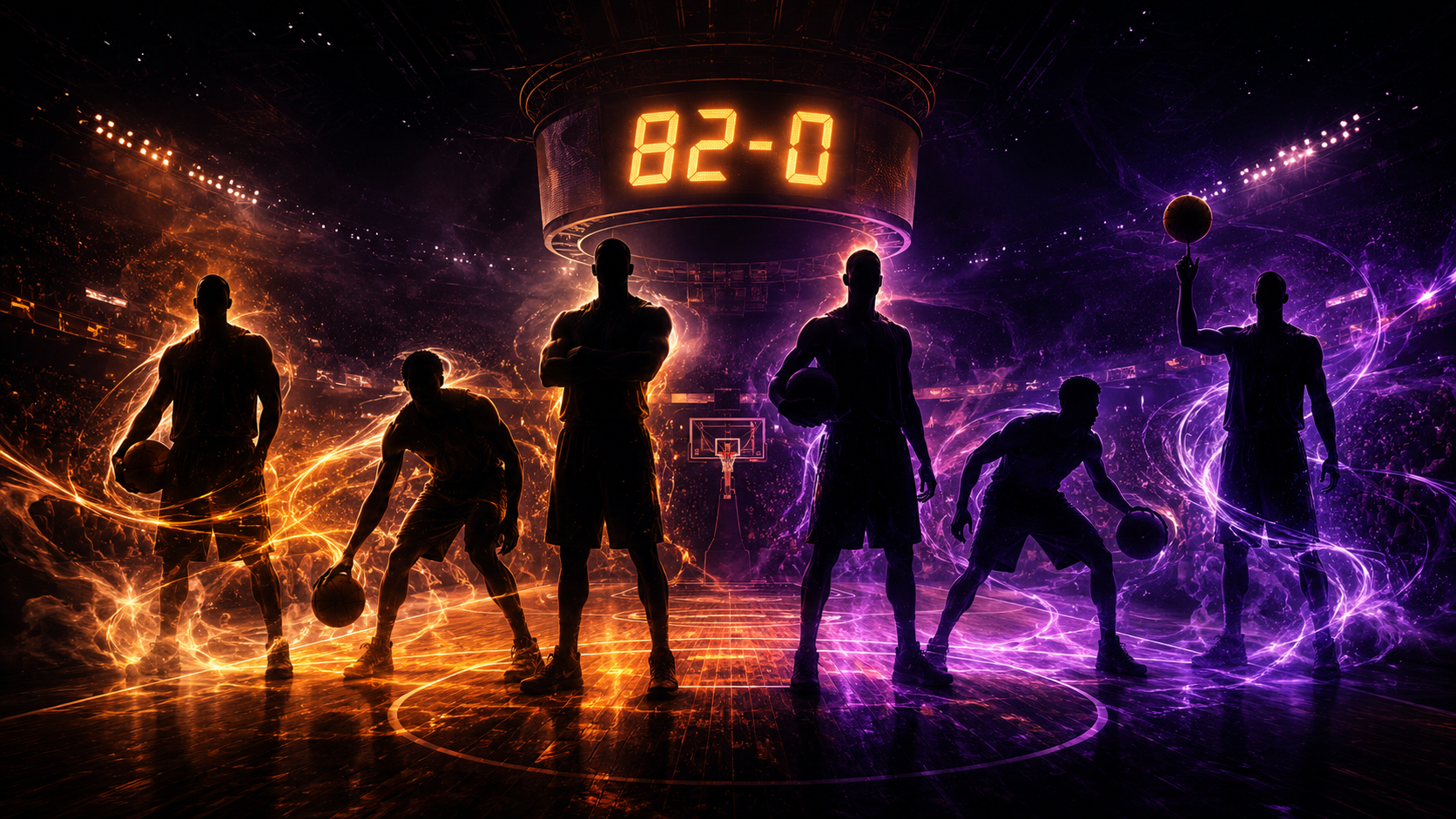 82-0 game neon basketball arena with playable roster positions